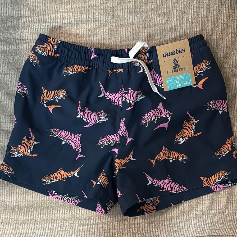 Chubbies Navy Swim Shorts with Tiger Shark Print